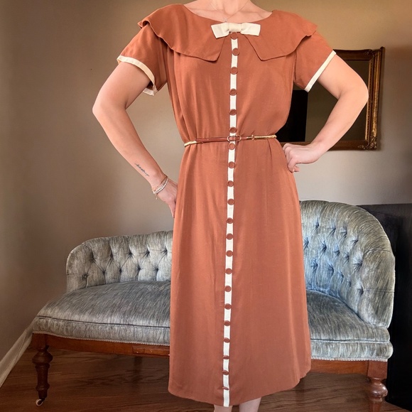 1940s brown linen a line midi dress decorative button front vintage medium - Picture 9 of 13